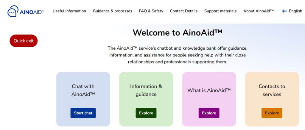 AinoAid homepage - AI for domestic violence awareness